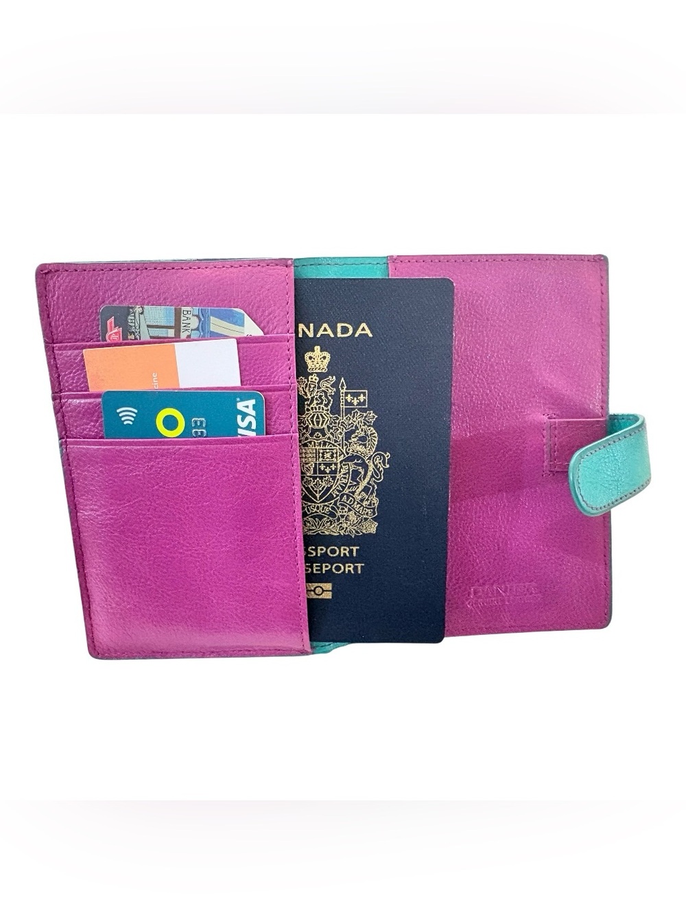 DANIER Turquoise Leather Passport Holder with Pink Accent - Travel Wallet - Picture 6 of 11